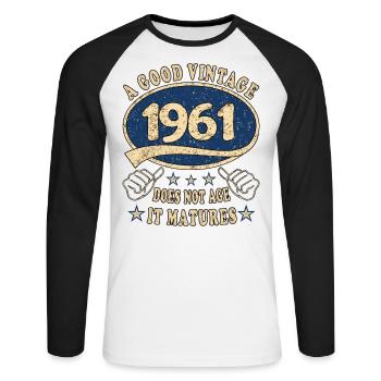 62ème Anniversaire 1961 '62 Bon Millésime - T-shirt baseball manches longues Homme - blanc/noir - Devant - Nik (191cm)