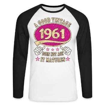 62ème Anniversaire 1961 '62 Bon Millésime - T-shirt baseball manches longues Homme - blanc/noir - Devant - Nik (191cm)