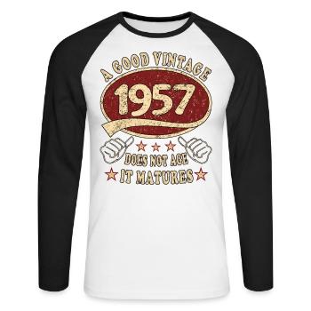 66. Geburtstag 1957 66er Guter Jahrgang - Unisex Baseballshirt langarm - Weiß/Schwarz - Vorne - Nik (191cm)