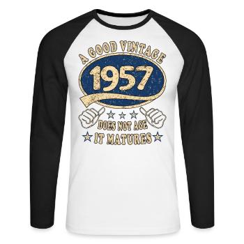 66. Geburtstag 1957 66er Guter Jahrgang - Unisex Baseballshirt langarm - Weiß/Schwarz - Vorne - Nik (191cm)