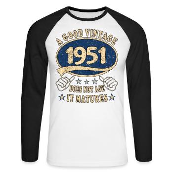 72. Geburtstag 1951 72er Guter Jahrgang - Unisex Baseballshirt langarm - Weiß/Schwarz - Vorne - Nik (191cm)