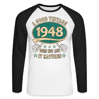 75e anniversaire 1948 75 Bon millésime - T-shirt baseball manches longues Homme - blanc/noir - Devant - Nik (191cm)