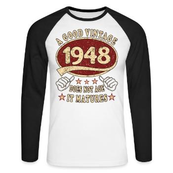 75e anniversaire 1948 75 Bon millésime - T-shirt baseball manches longues Homme - blanc/noir - Devant - Nik (191cm)