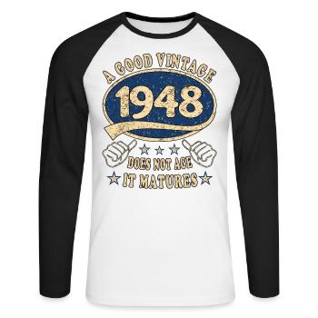 75e anniversaire 1948 75 Bon millésime - T-shirt baseball manches longues Homme - blanc/noir - Devant - Nik (191cm)