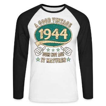 79ème Anniversaire 1944 '79 Bon Millésime - T-shirt baseball manches longues Homme - blanc/noir - Devant - Nik (191cm)