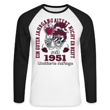 72. Geburtstag 1951 72er Guter Jahrgang - Unisex Baseballshirt langarm - Weiß/Schwarz - Vorne - Nik (191cm)