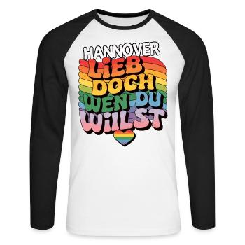 Hanovre : Aimez qui vous voulez - LGBTQ - T-shirt baseball manches longues Homme - blanc/noir - Devant - Nik (191cm)