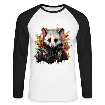 Graffiti animalier : ambiance urbaine d’opossum - T-shirt baseball manches longues Homme - blanc/noir - Devant - Nik (191cm)