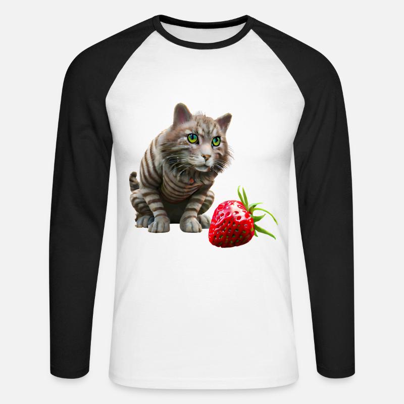 Katze vor riesiger Erdbeere - Unisex Baseballshirt langarm - Weiß/Schwarz