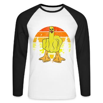Drôle de canard doigt d’honneur - T-shirt baseball manches longues Homme - blanc/noir - Devant - Nik (191cm)