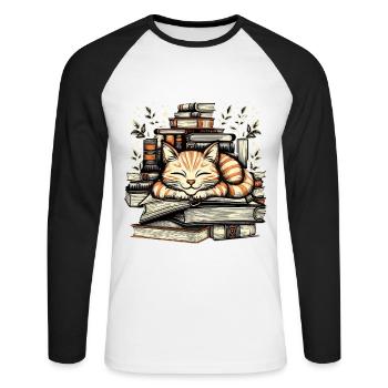 COZY CAT TAKING A NAP ON BOOKS - Unisex Long Sleeve Baseball T-Shirt - white/black - Front - Nik (191cm)