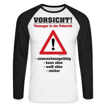 Vorsicht Teenager in der Pupertät - Unisex Baseballshirt langarm - Weiß/Schwarz - Vorne - Nik (191cm)