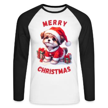 Süßer Weihnachtshund mit Weihnachtsgeschenken - Unisex Baseballshirt langarm - Weiß/Schwarz - Vorne - Nik (191cm)