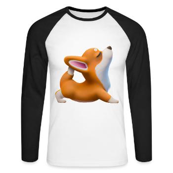 Chien Corgi en pose de yoga - T-shirt baseball manches longues Homme - blanc/noir - Devant - Nik (191cm)