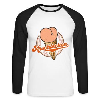 Arschlecken (Neue-Eis-Sorte-Edition) - Unisex Baseballshirt langarm - Weiß/Schwarz - Vorne - Nik (191cm)