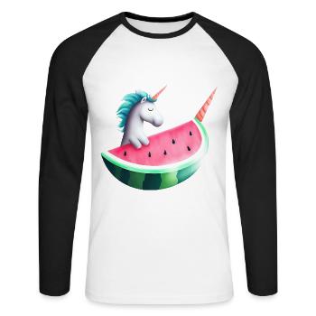 Wassermelonen Einhorn - Unisex Baseballshirt langarm - Weiß/Schwarz - Vorne - Nik (191cm)