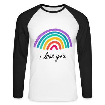 Liebesgrafik hugs and kisses Regenbogen - Unisex Baseballshirt langarm - Weiß/Schwarz - Vorne - Nik (191cm)