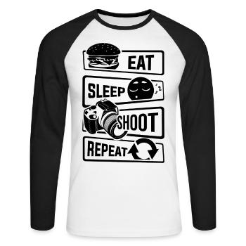 Eat Sleep Shoot Repeat - Kamera Fotografie Foto - Unisex Baseballshirt langarm - Weiß/Schwarz - Vorne - Nik (191cm)