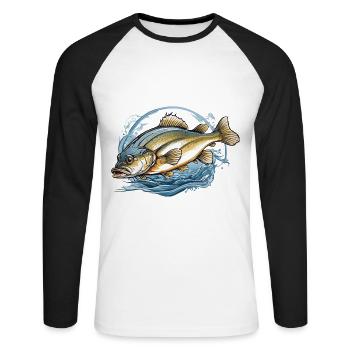 Ästhetischer Fischer Fisch Illustration Angel - Unisex Baseballshirt langarm - Weiß/Schwarz - Vorne - Nik (191cm)