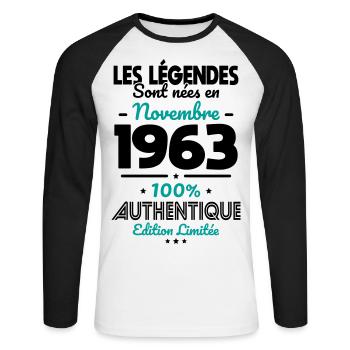 Anniversaire 60 ans - Légendes nées Novembre 1963 - T-shirt baseball manches longues Homme - blanc/noir - Devant - Nik (191cm)