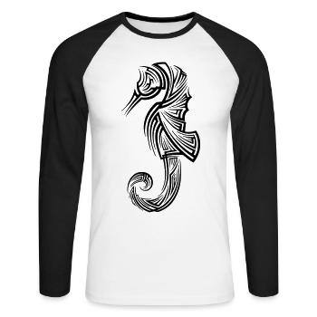 Seepferdchen Tribal Tattoo - Unisex Baseballshirt langarm - Weiß/Schwarz - Vorne - Nik (191cm)