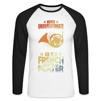 Never underestimate old French horn players - Unisex Long Sleeve Baseball T-Shirt - white/black - Front - Nik (191cm)