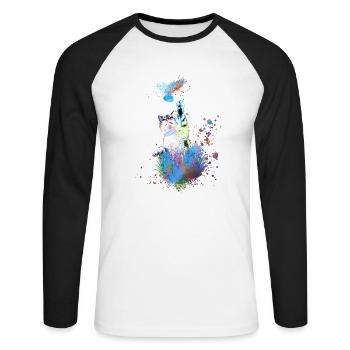 chat, coloré, aquarelle, peinture, graffiti, sourd, oiseau - T-shirt baseball manches longues Homme - blanc/noir - Devant - Nik (191cm)