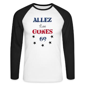 Allez les gones - T-shirt baseball manches longues Homme - blanc/noir - Devant - Nik (191cm)
