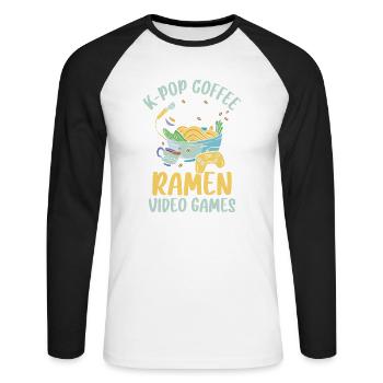 K pop coffee ramen video games - Unisex Long Sleeve Baseball T-Shirt - white/black - Front - Nik (191cm)