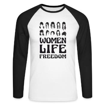 Niedliche iranische Frauen - Frauen Leben Freiheit - Unisex Baseballshirt langarm - Weiß/Schwarz - Vorne - Nik (191cm)