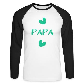 VATERTAG. ALLES GUTE ZUM GEBURTSTAG, PAPA. PAPA. ALLES GUTE ZUM GEBURTSTAG! - Unisex Baseballshirt langarm - Weiß/Schwarz - Vorne - Nik (191cm)