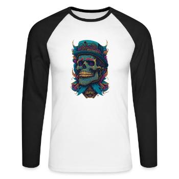 Squelette Crâne avec chapeau et fleurs Bande dessinée cool - T-shirt baseball manches longues Homme - blanc/noir - Devant - Nik (191cm)