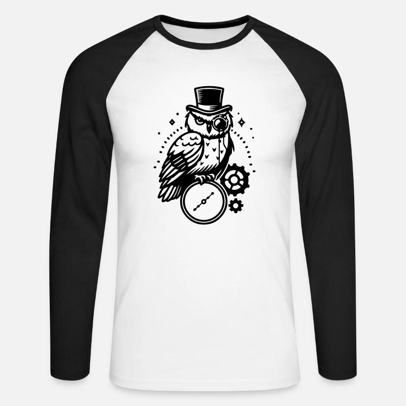 Steampunk Eule und Uhr Design - Unisex Baseballshirt langarm - Weiß/Schwarz