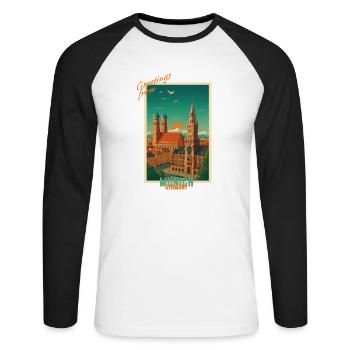 München Vintage Reise Illustration - Deutschland - Unisex Baseballshirt langarm - Weiß/Schwarz - Vorne - Nik (191cm)
