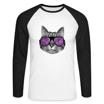 Katze mit cooler rosa Sonnenbrille - Unisex Baseballshirt langarm - Weiß/Schwarz - Vorne - Nik (191cm)
