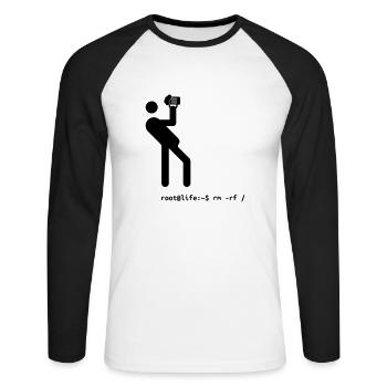 root Befehl rm -rf / - Unisex Baseballshirt langarm - Weiß/Schwarz - Vorne - Nik (191cm)