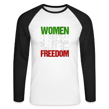 Iran Droits des femmes Féminisme Hijab Cadeau - T-shirt baseball manches longues Homme - blanc/noir - Devant - Nik (191cm)