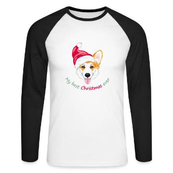 Corgi gallois souriant en chapeau de Père Noël - T-shirt baseball manches longues Homme - blanc/noir - Devant - Nik (191cm)