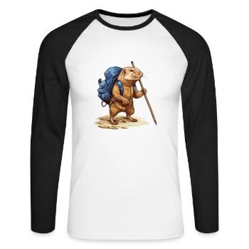 Mole rat with backpack and walking stick - Unisex Long Sleeve Baseball T-Shirt - white/black - Front - Nik (191cm)