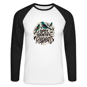 "repérer, identifier, répéter" slogan - T-shirt baseball manches longues Homme - blanc/noir - Devant - Nik (191cm)