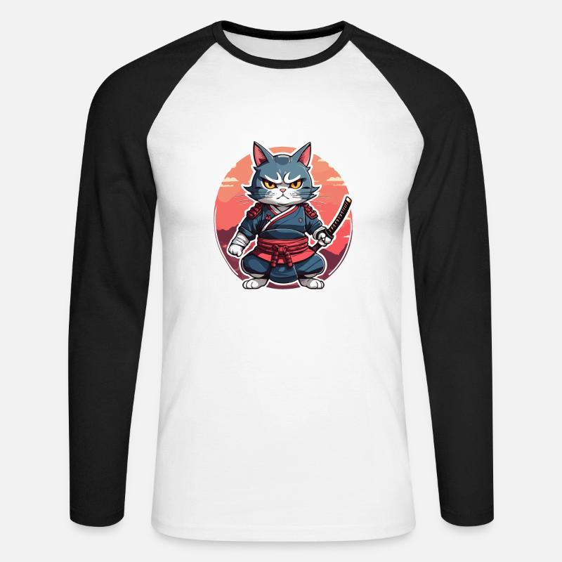 Samurai-Katze #16 - Unisex Baseballshirt langarm - Weiß/Schwarz