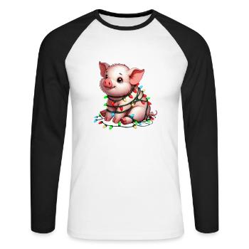Süßes Weihnachtsschwein mit Lichterkette - Unisex Baseballshirt langarm - Weiß/Schwarz - Vorne - Nik (191cm)