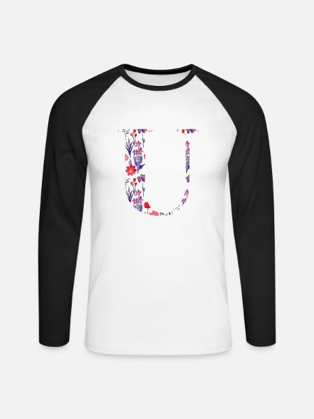 Blumen personalisierter U-Brief - Geschenkidee - Unisex Baseballshirt langarm - Weiß/Schwarz