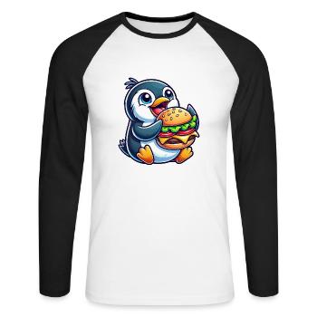 Skurriler Pinguin mit Hamburger lustig Chibi - Unisex Baseballshirt langarm - Weiß/Schwarz - Vorne - Nik (191cm)
