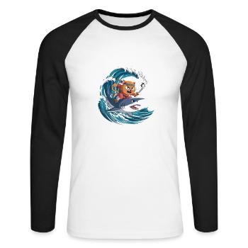 Ninja Cat Rides Shark - T-shirt drôle d’anime - T-shirt baseball manches longues Homme - blanc/noir - Devant - Nik (191cm)