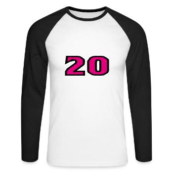 20. 20 JAHRE. 20-JÄHRIGES JUBILÄUM. 20-JÄHRIGES JUBILÄUM. - Unisex Baseballshirt langarm - Weiß/Schwarz - Vorne - Nik (191cm)