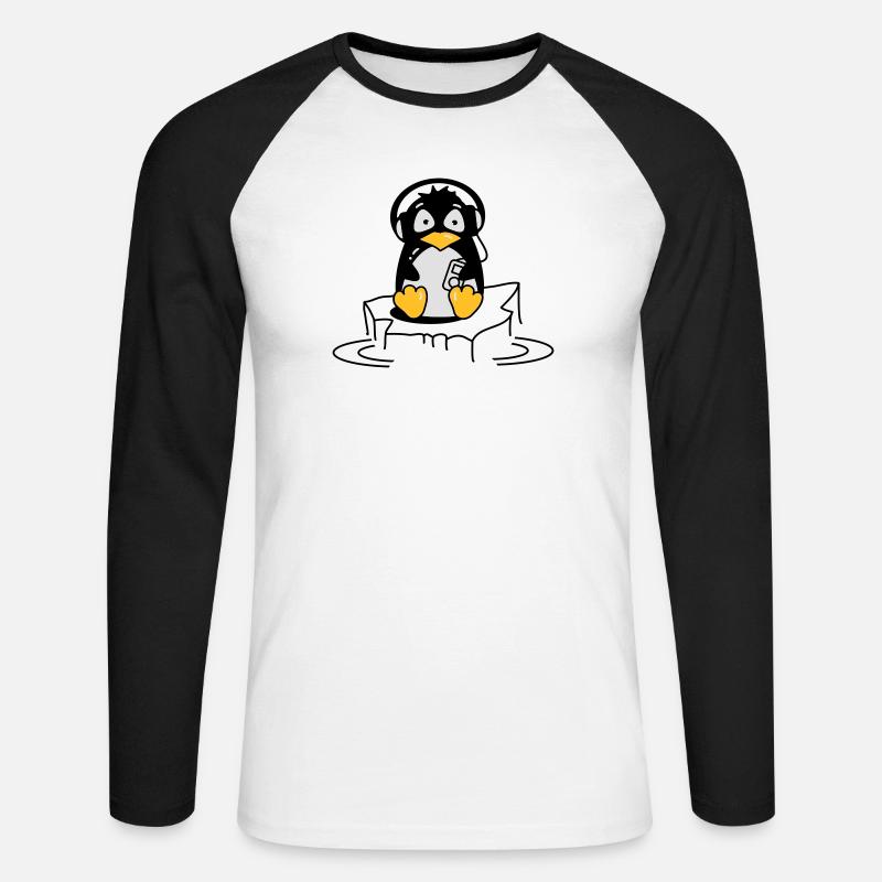Cooler Pinguin mit Kopfhörern auf Eis - Unisex Baseballshirt langarm - Weiß/Schwarz