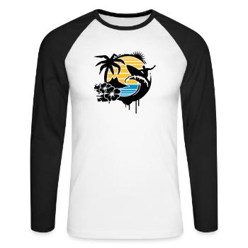 un palmier, fleurs d'hibiscus, une île,une vague - T-shirt baseball manches longues Homme - blanc/noir - Devant - Nik (191cm)
