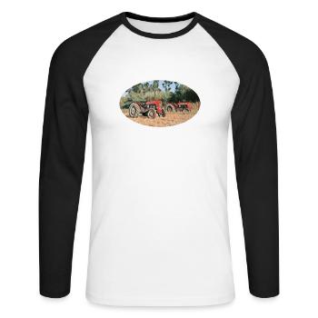 Rote Traktoren im Feld - Unisex Baseballshirt langarm - Weiß/Schwarz - Vorne - Nik (191cm)