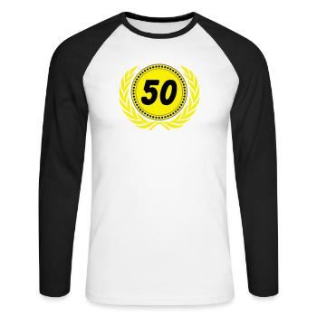 50.Geburtstag , 50 Jahre Jubiläum Lorbeerkranz(25) - Unisex Baseballshirt langarm - Weiß/Schwarz - Vorne - Nik (191cm)